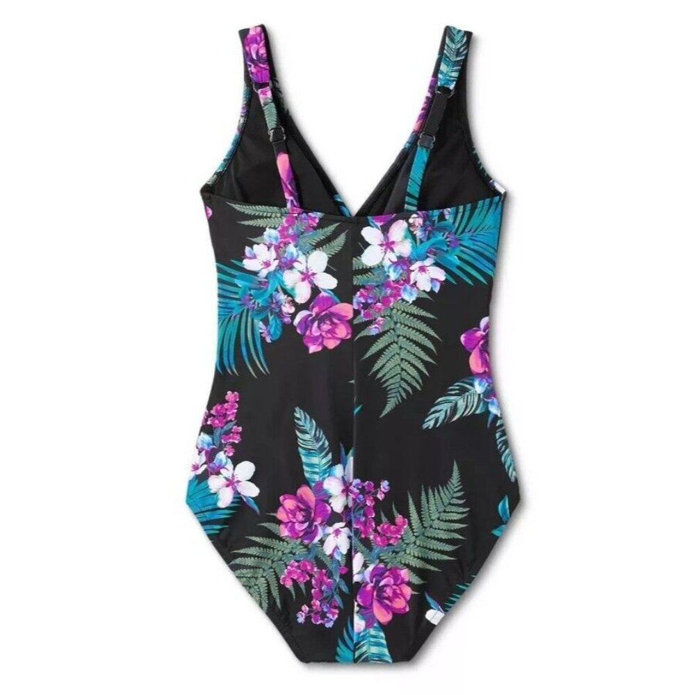 Aqua Green Small 4-6 V-Neck & Waist Detail Full Coverage Floral 1 Pc Swimsuit - Picture 4 of 7